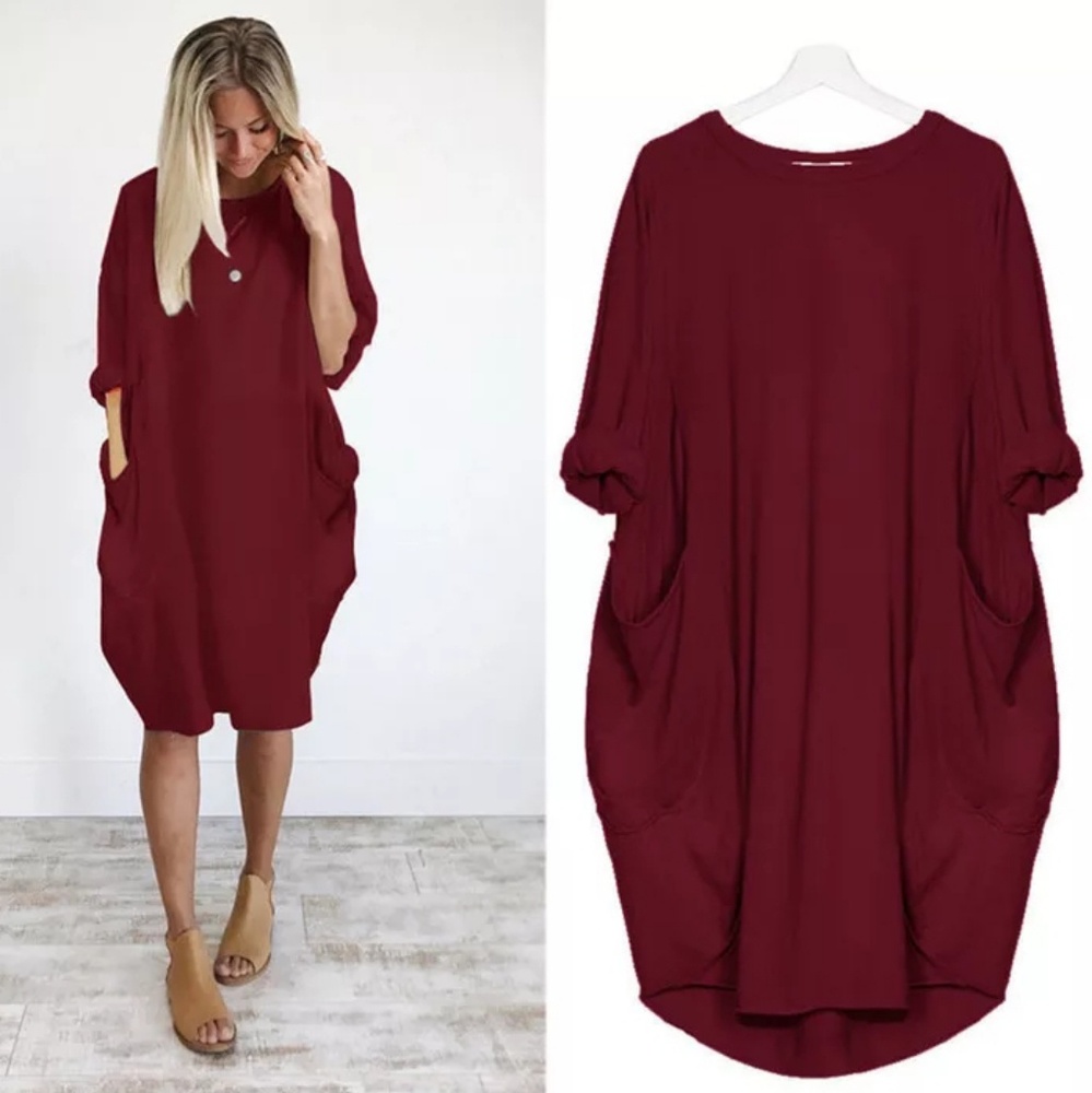 Minimalist Lagenlook RED  Baggy T-Shirt Tunic Midi Dress